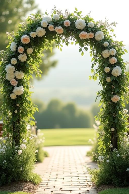 A floral archway for an outdoor wedding ceremony.