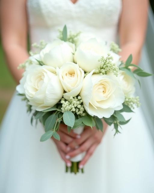 A bride holding a cascading wedding bouquet of white peonies and greenery.